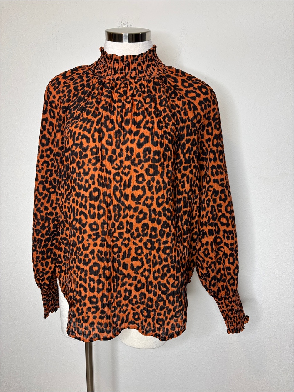 LOFT Orange and Black Leopard Smocked Neck Blouse